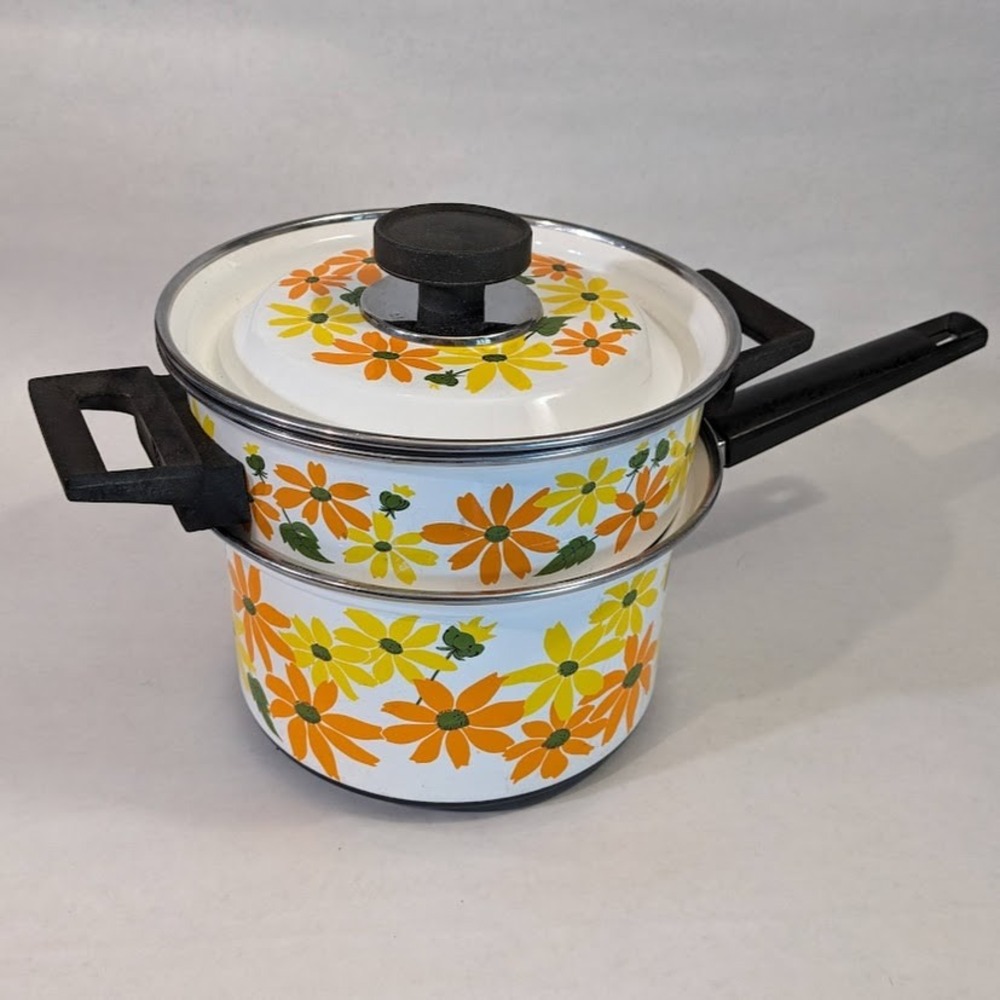 Vintage Ekco Country Garden Porcelain Clad Double Boiler Italy Daisy Floral 3pc
